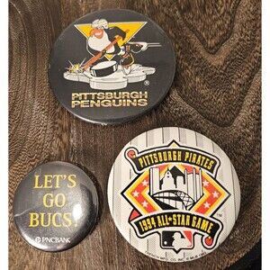 VINTAGE Lot of 3 PITTSBURGH Sports Buttons, Penguin, Pirates, All-Star Game